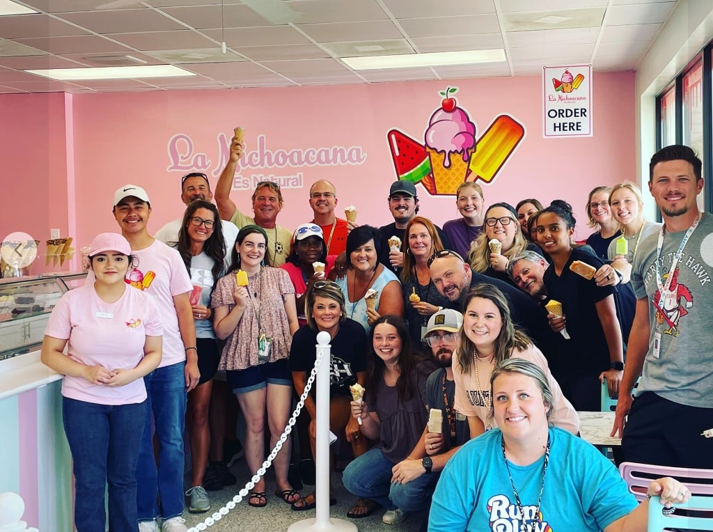 Large group of happy customers at La Michoacana Es Natural ice cream shop East Hall Gainesville GA