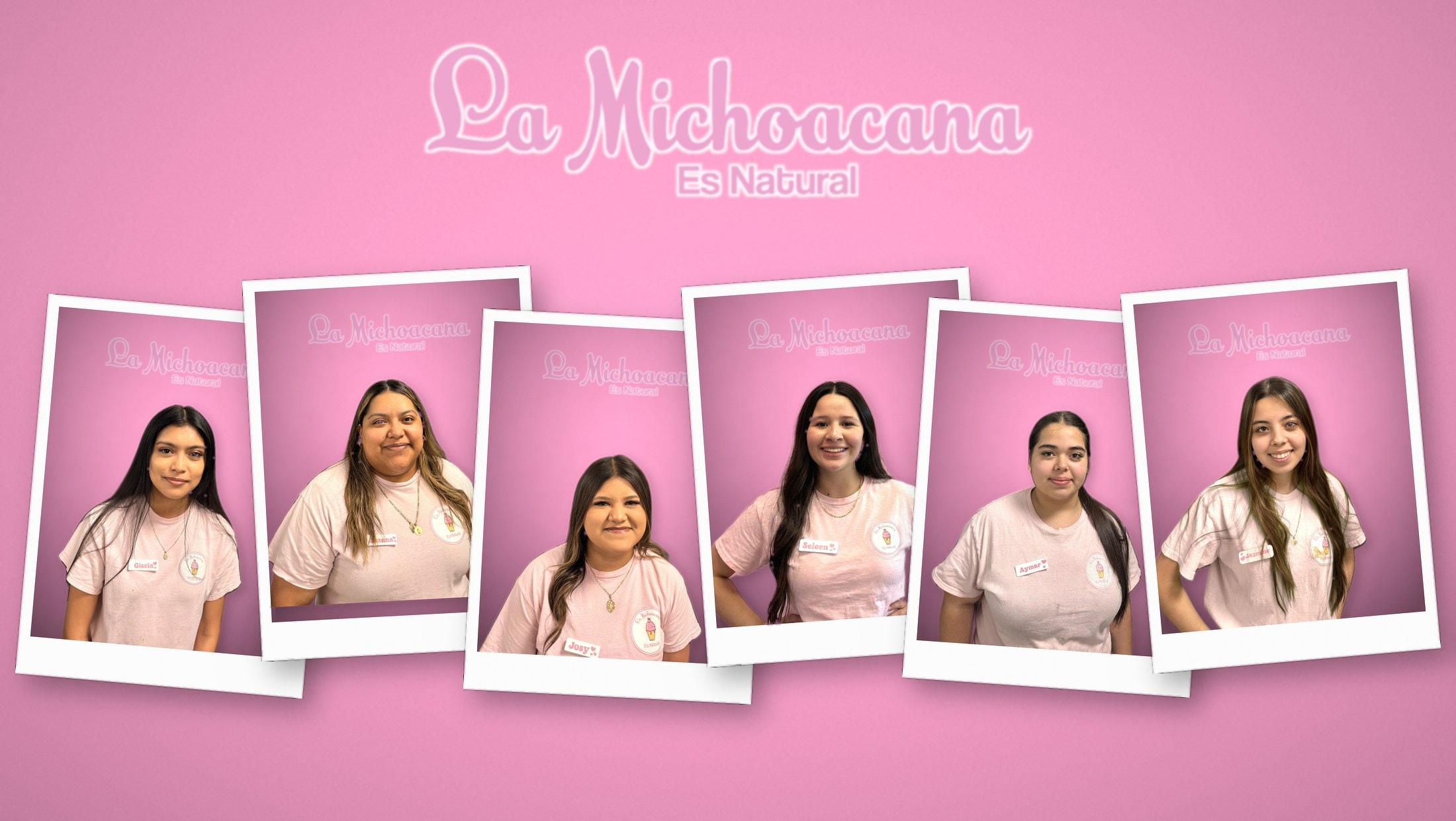 Portrait collage of the La Michoacana Es Natural team under the shop's logo